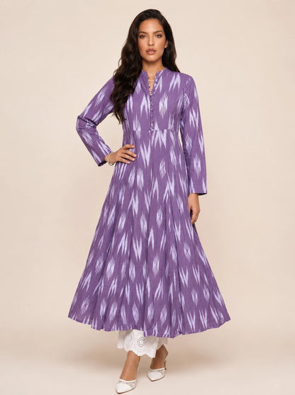 Lavender Ikat Print Cotton Maxi Dress for Women – The Summer Holiday Collection