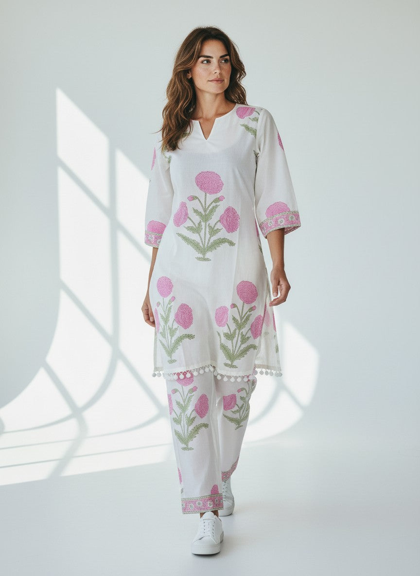 Pink Bloom Ivory – Hand Block Printed Cotton Co-ord Set