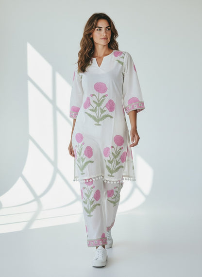 Pink Bloom Ivory – Hand Block Printed Cotton Co-ord Set