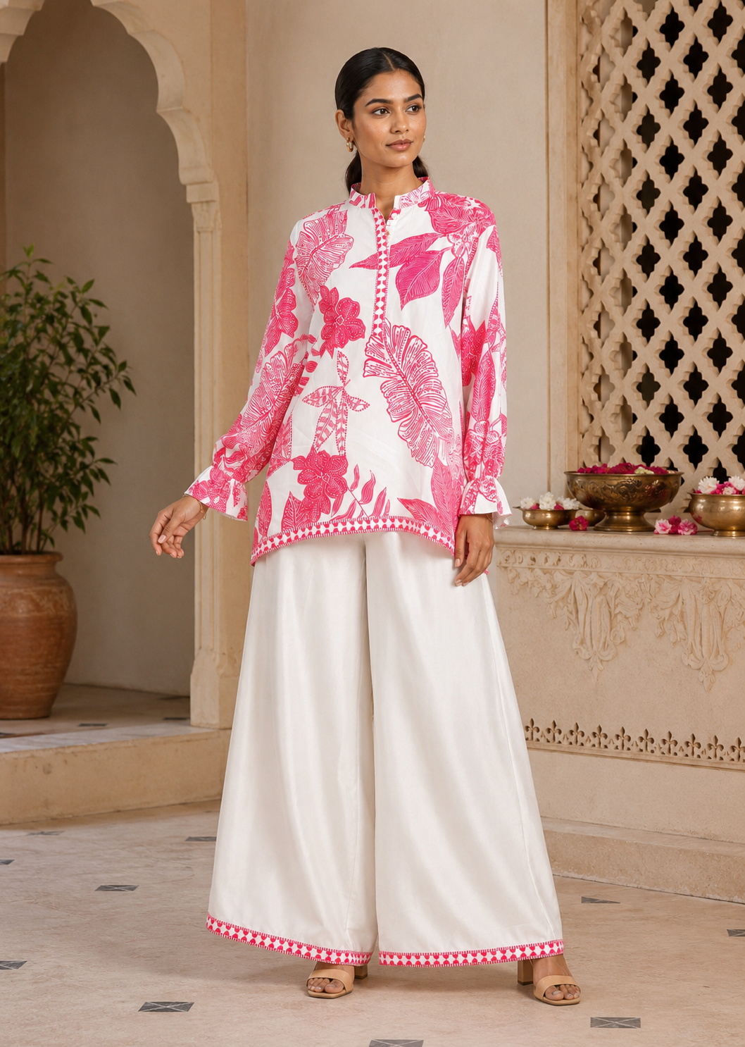 Rosé Tropical Printed Kurta & Palazzo Set