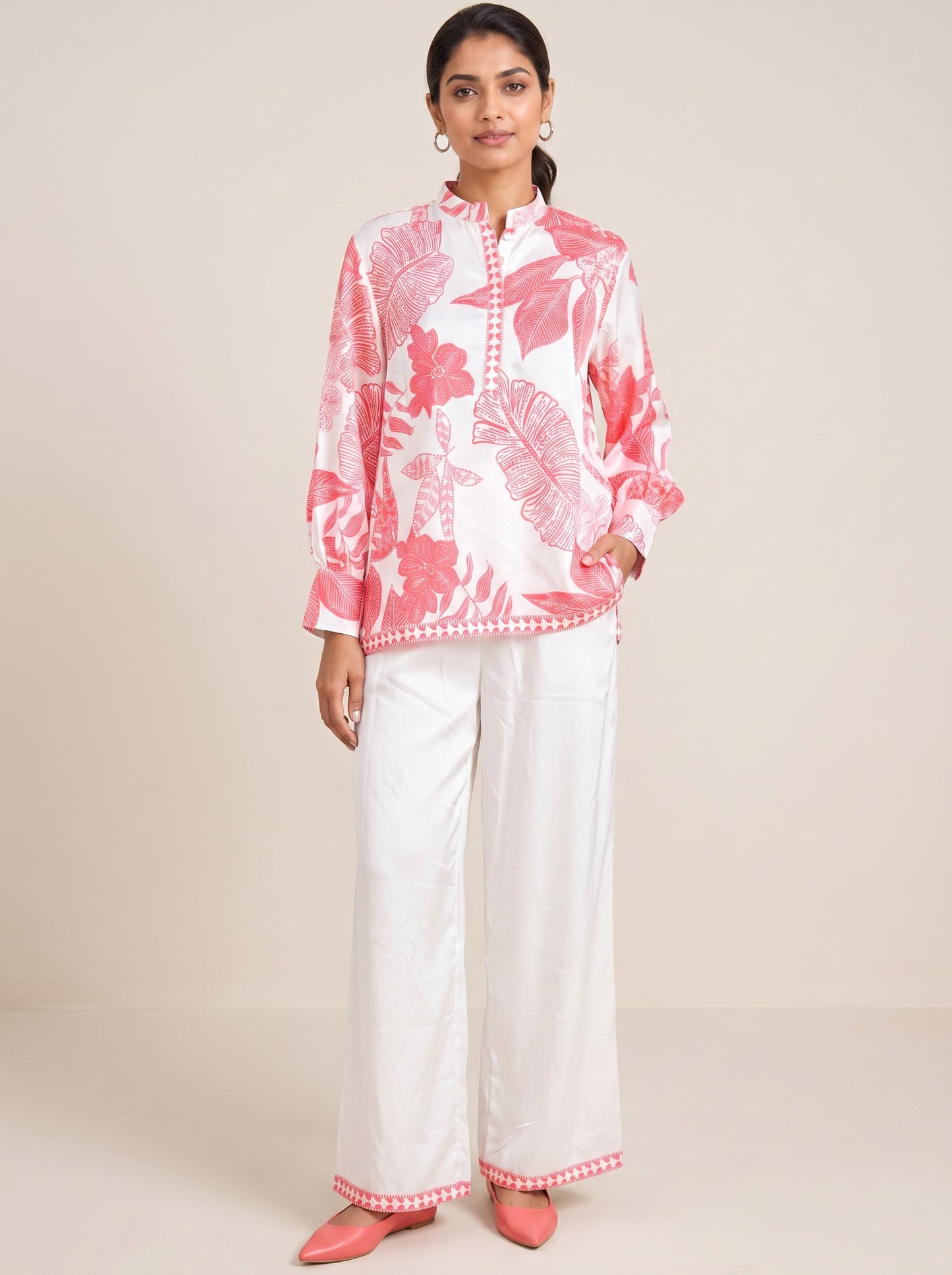 Rosé Tropical Printed Kurta & Palazzo Set