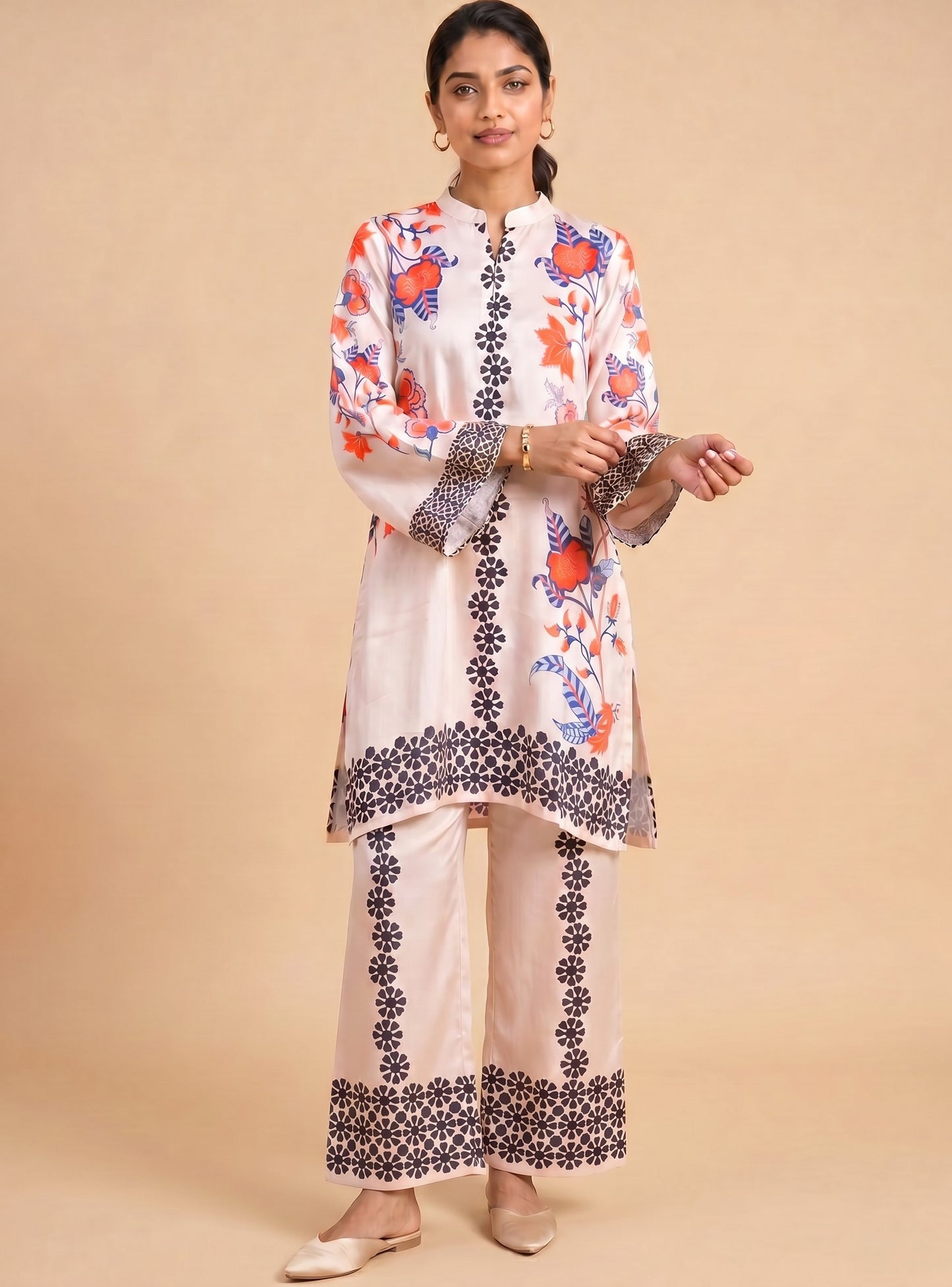 Zariya Floral Satin Kurta & Palazzo Set