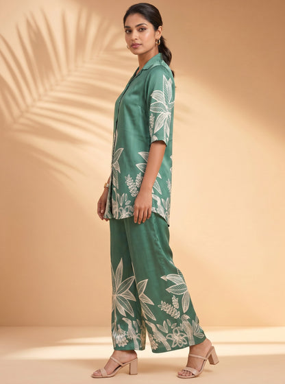 Emerald Palm Satin Kurta & Palazzo Set