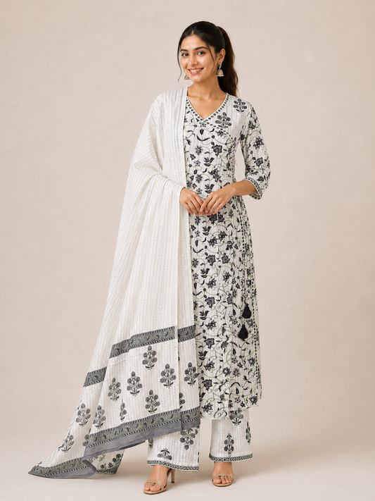 Ivory Noir Floral Couture Kurta Set with Handcrafted Tassels & Printed Dupatta