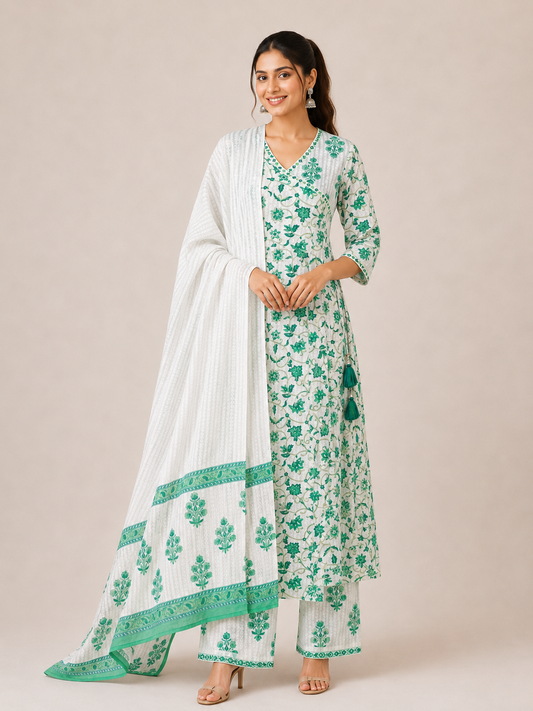 Emerald Noir Floral Kurta Palazzo Set with Dupatta