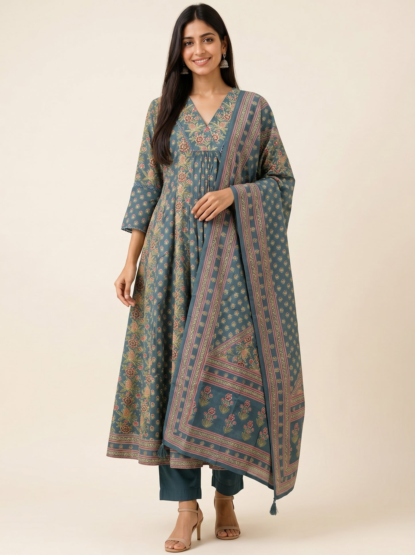 Teal Zariya Floral Anarkali Kurta Set with Printed Dupatta