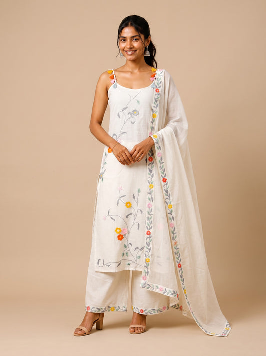 Ivory Gulnaar Embroidered Kurta Palazzo Set with Dupatta
