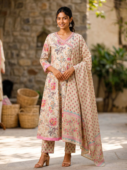 Gulbahar Ivory Printed Anarkali Kurta Set with Dupatta