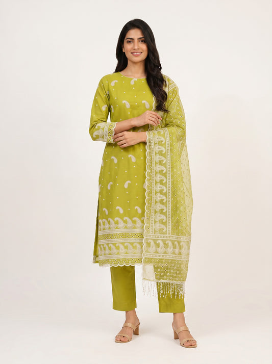 Lime Zariya Embroidered Fabric Set