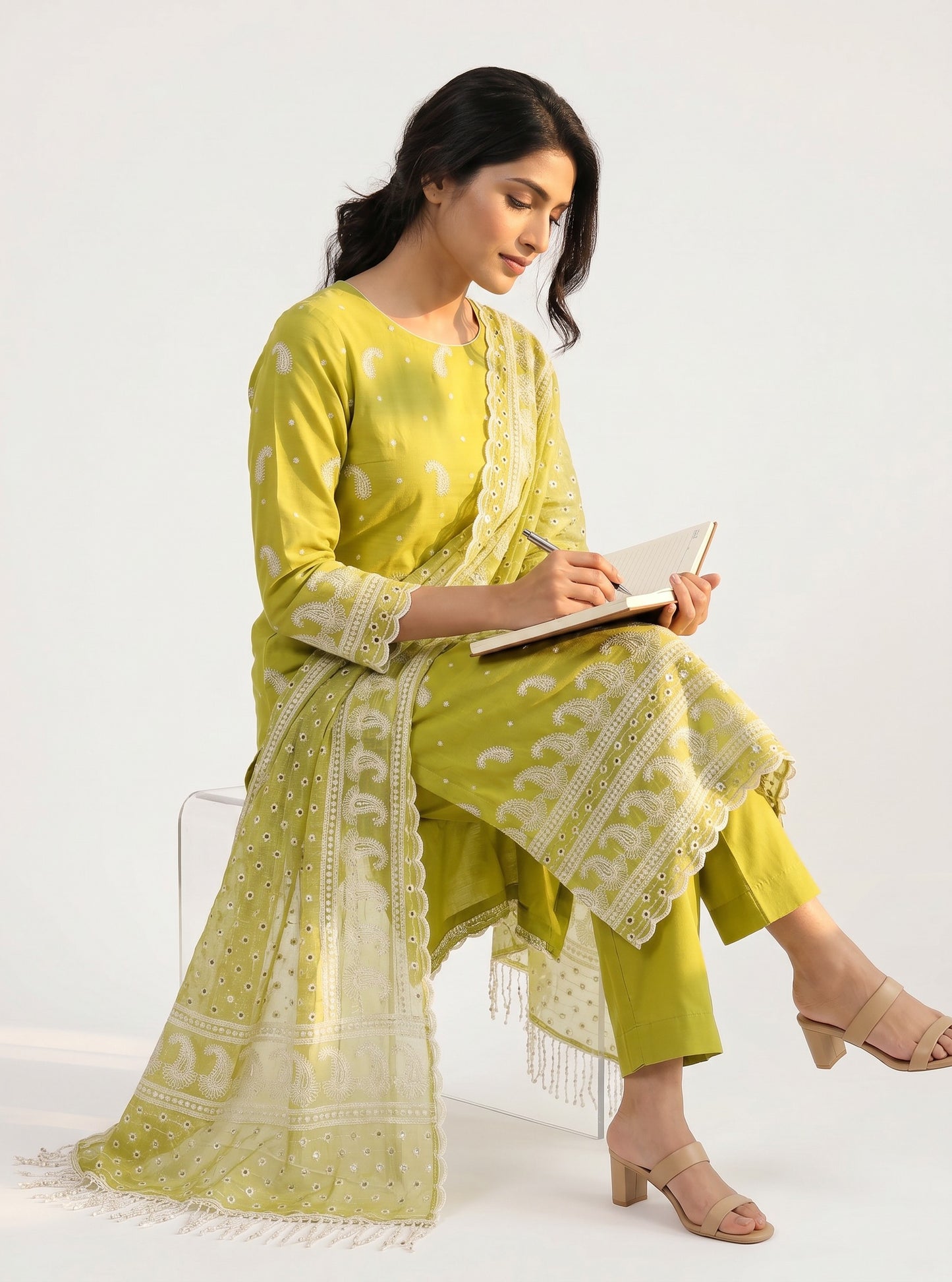 Lime Zariya Embroidered Fabric Set