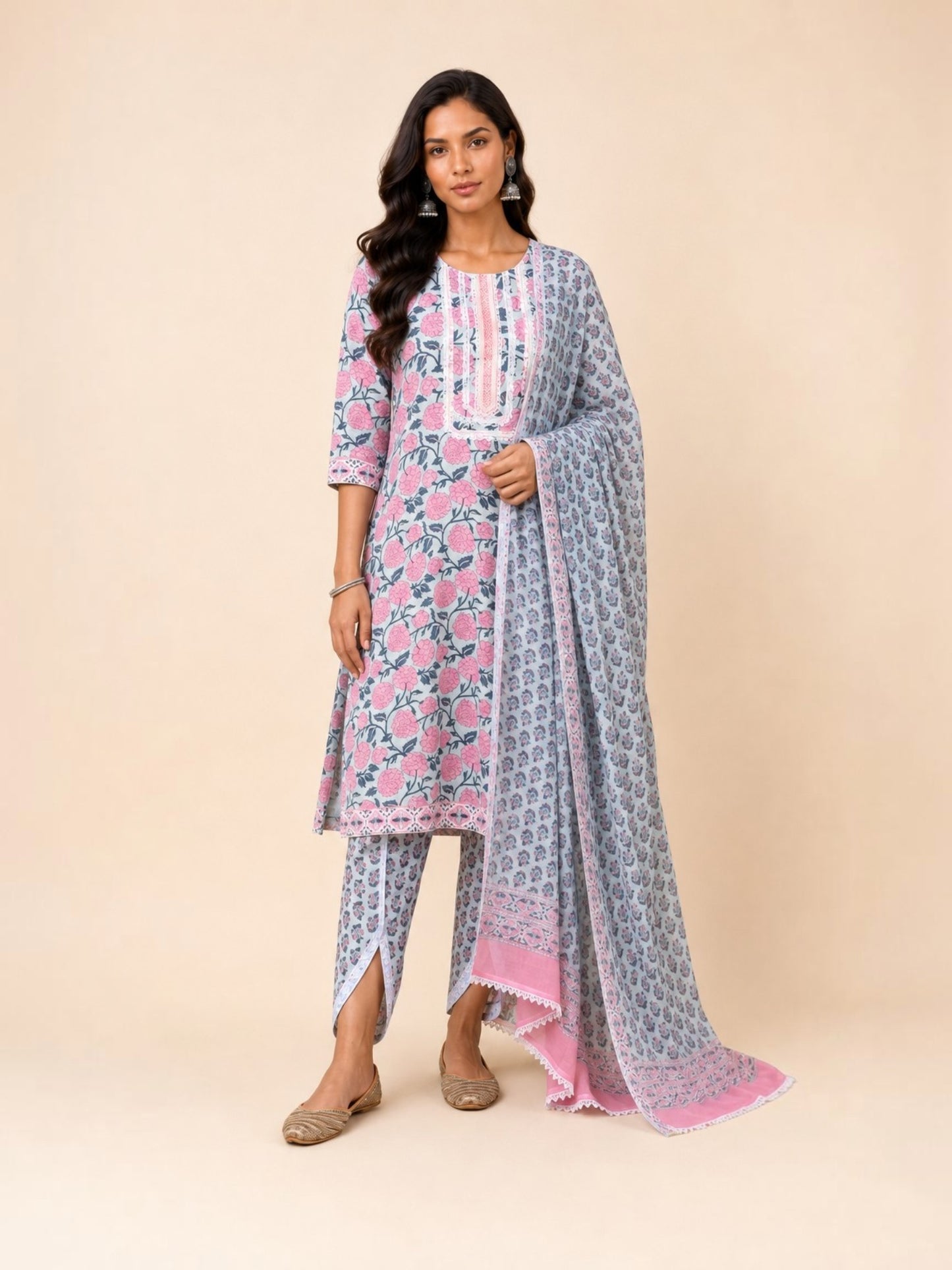 Powder Blue Rose Sanganeri Hand Block Printed Cotton Stitched Straight Suit Set with Mul Mul Dupatta