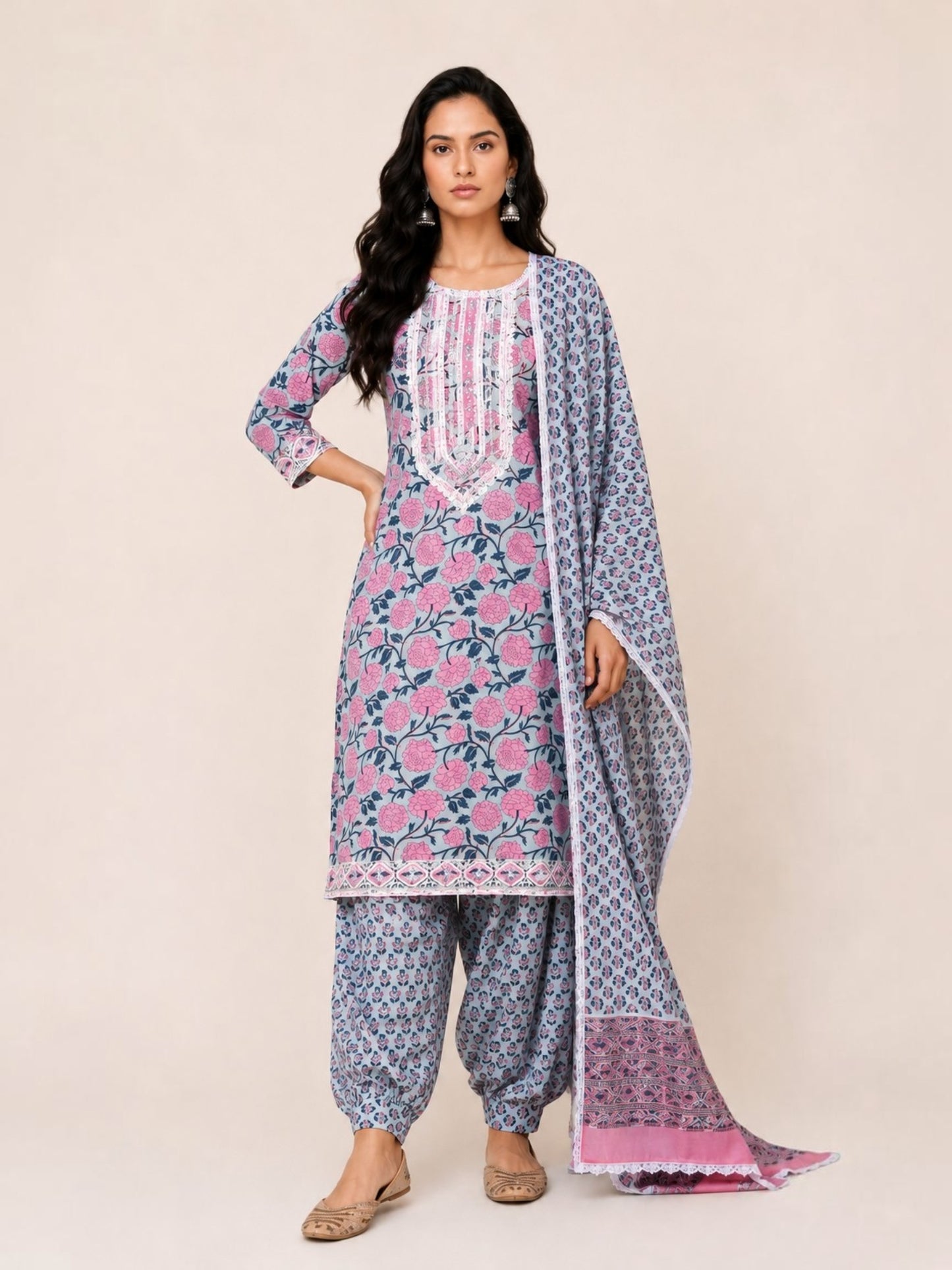 Powder Blue Sanganeri Hand Block Printed Cotton Stitched Straight Suit Set with Mul Mul Dupatta