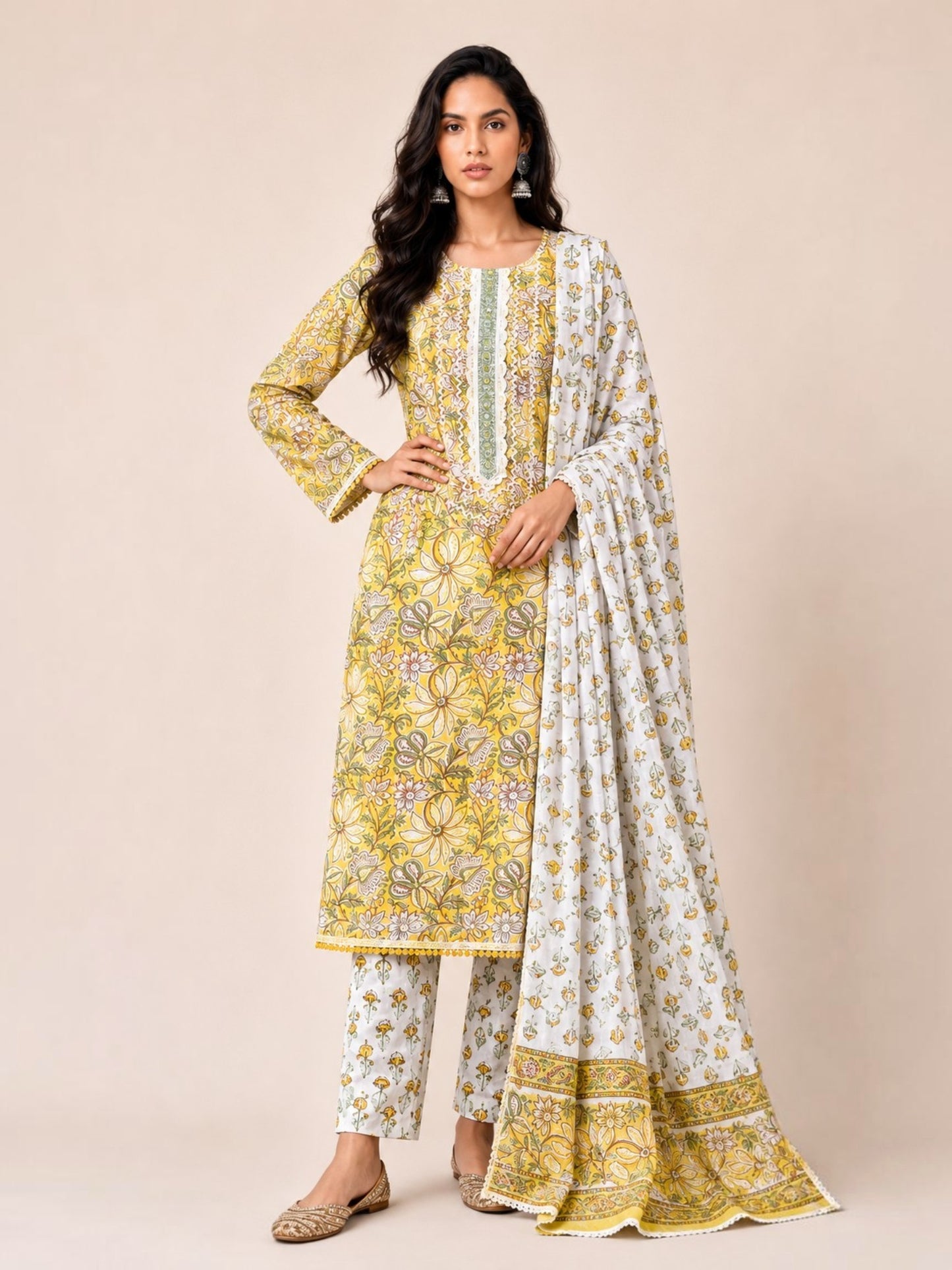 Sunflower Yellow Sanganeri Hand Block Printed Cotton Stitched Straight Suit Set with Mul Mul Dupatta