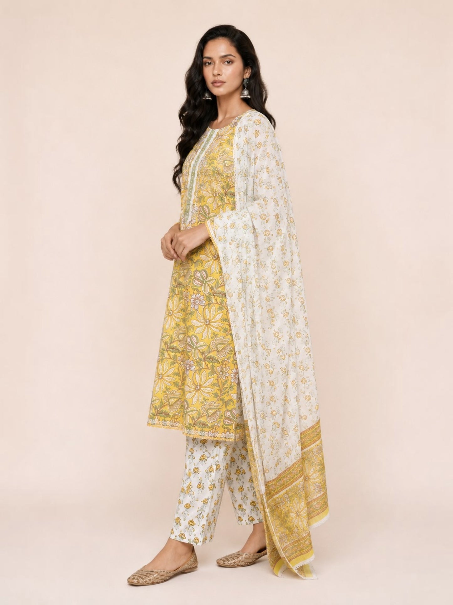 Sunflower Yellow Sanganeri Hand Block Printed Cotton Stitched Straight Suit Set with Mul Mul Dupatta