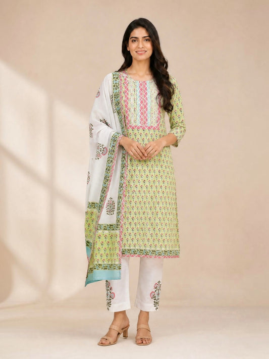 Pistachio Green Sanganeri Hand Block Printed Cotton Stitched Straight Suit Set with Mul Mul Dupatta