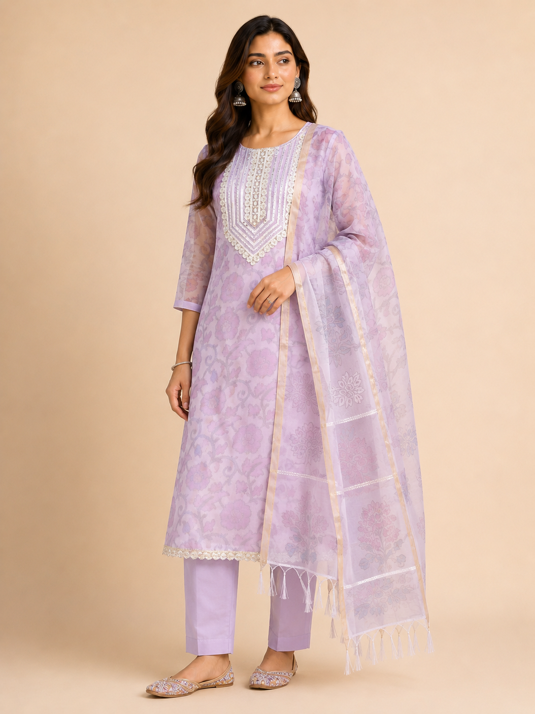 Lavender Bloom Cotton Chanderi Suit Set with Chanderi Silk Dupatta