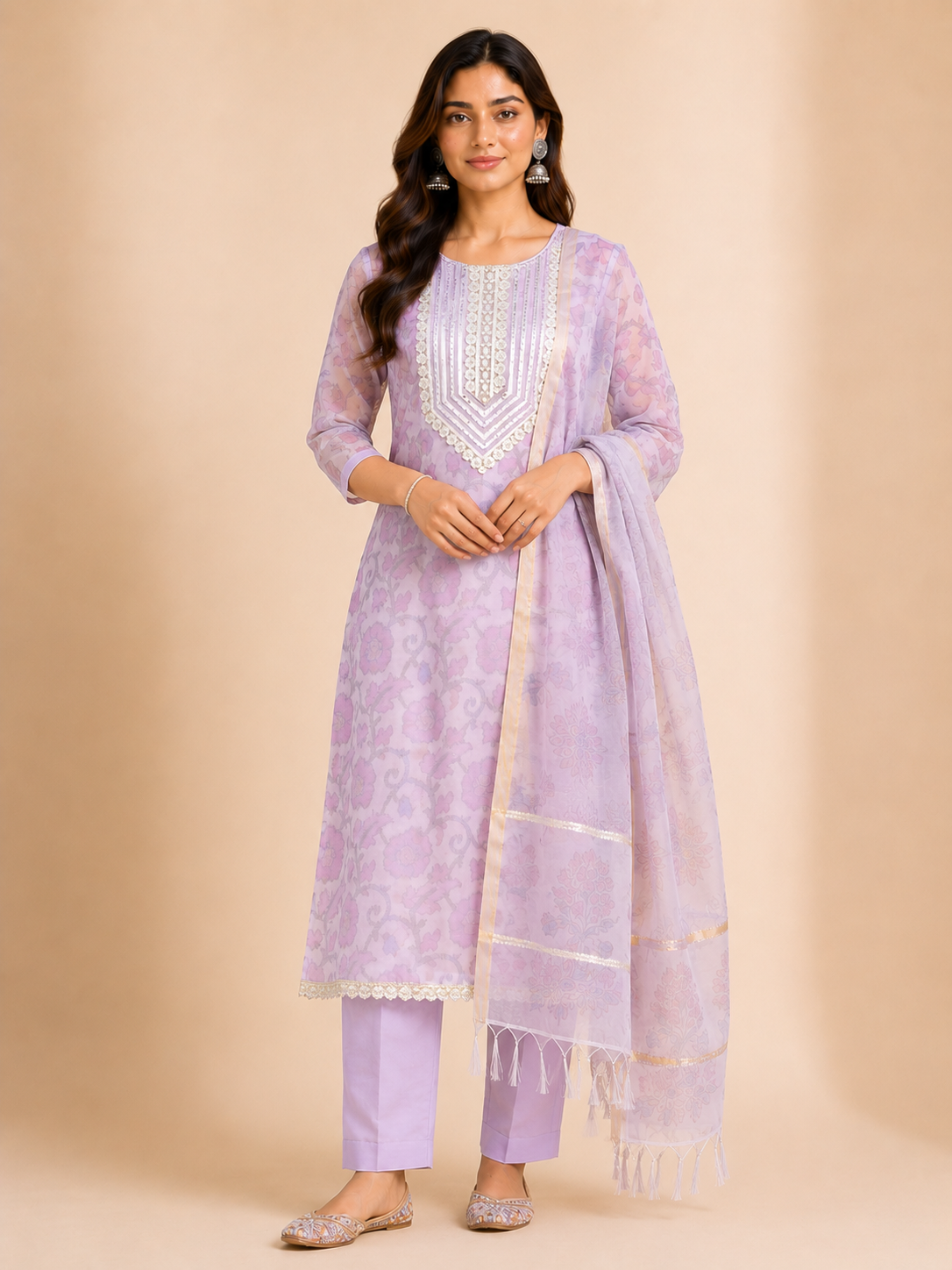 Lavender Bloom Cotton Chanderi Suit Set with Chanderi Silk Dupatta