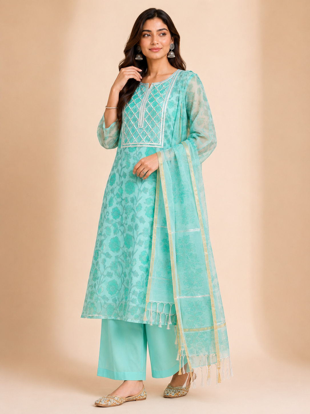 Aqua Bloom Cotton Chanderi Suit Set with Chanderi Silk Dupatta