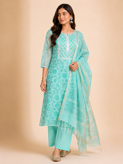 Aqua Bloom Cotton Chanderi Suit Set with Chanderi Silk Dupatta