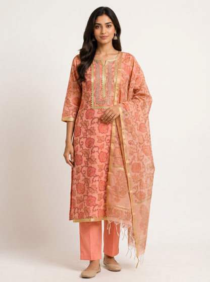 Peach Floral Cotton Chanderi Suit Set with Chanderi Silk Dupatta