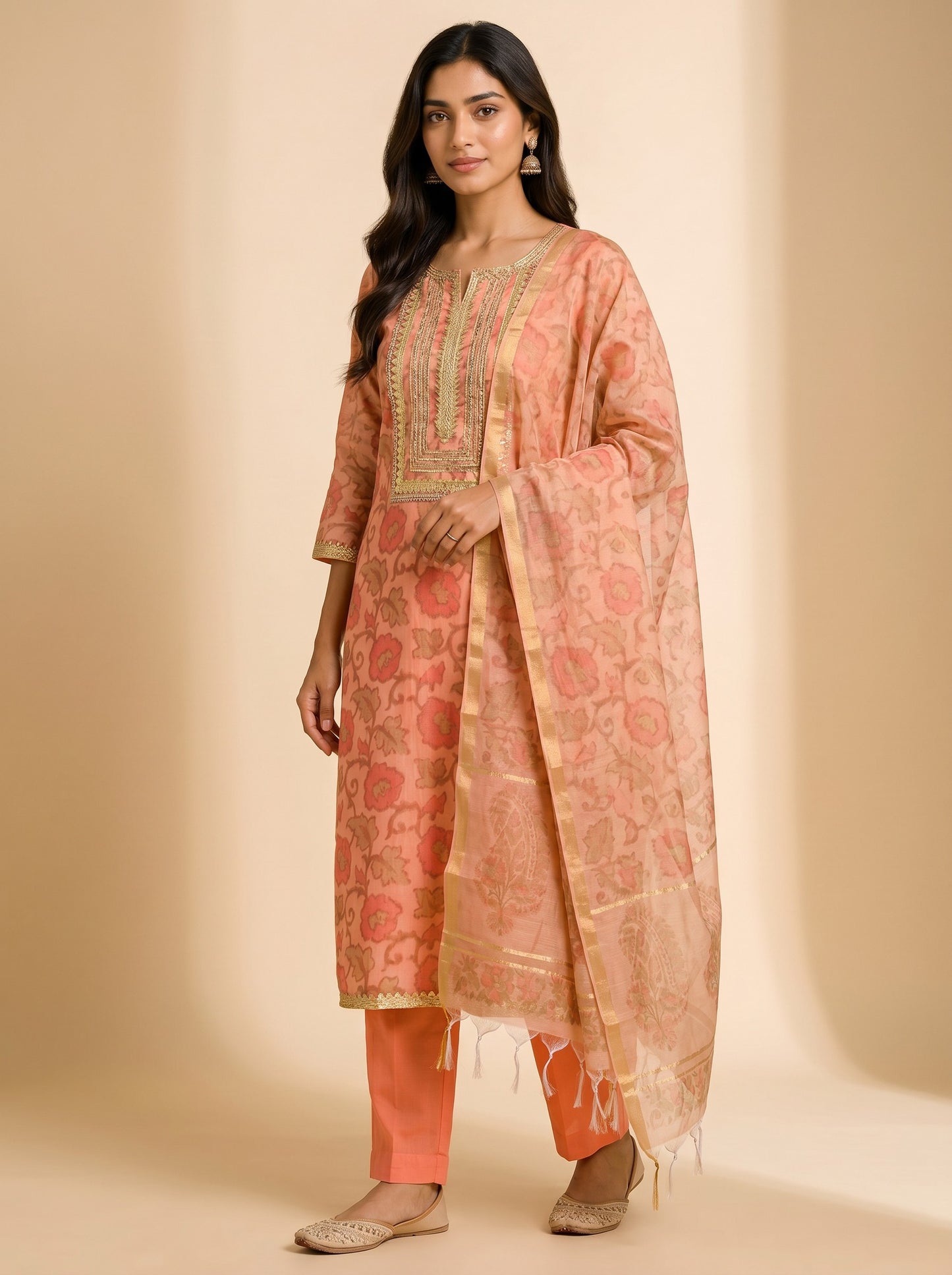Peach Floral Cotton Chanderi Suit Set with Chanderi Silk Dupatta