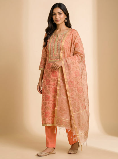 Peach Floral Cotton Chanderi Suit Set with Chanderi Silk Dupatta
