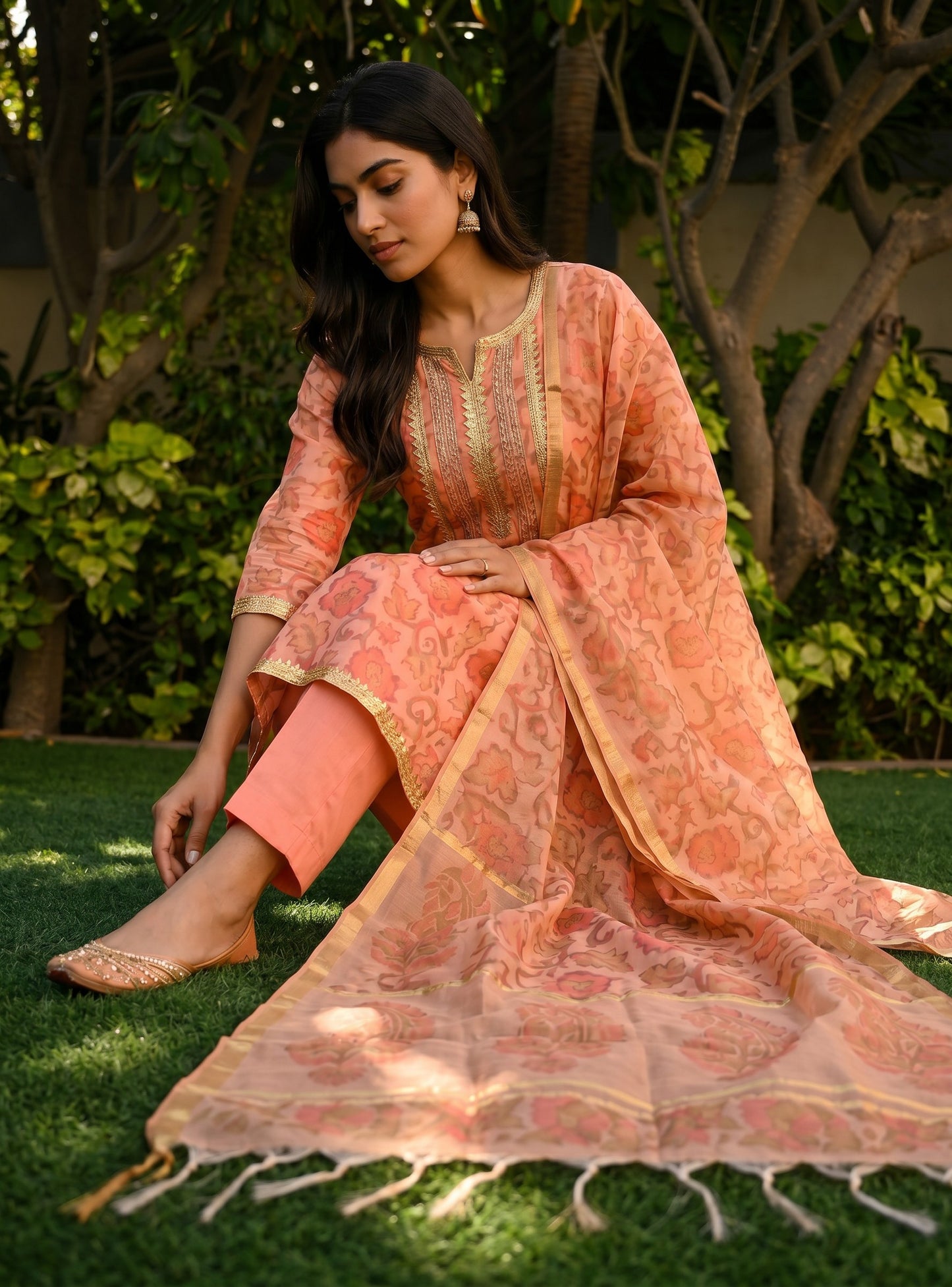 Peach Floral Cotton Chanderi Suit Set with Chanderi Silk Dupatta