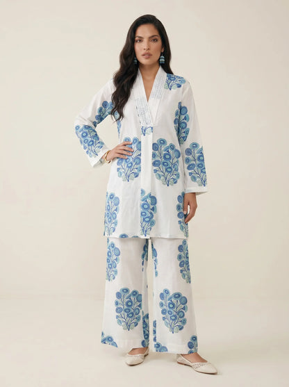 Azure Bloom White Hand Block Printed Premium Cotton Co-Ord Set