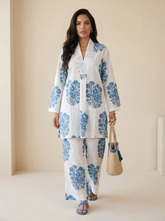 Azure Bloom White Hand Block Printed Premium Cotton Co-Ord Set