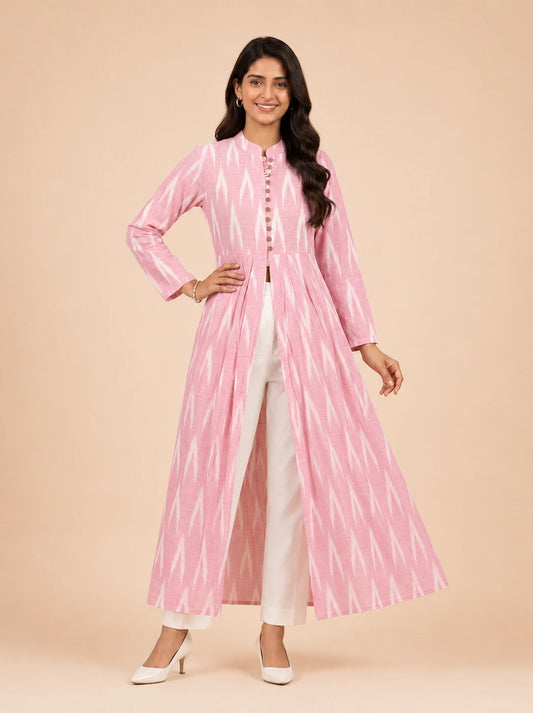 Blush Pink Ikat Print Cotton Open-Front Maxi Dress with Slit – Summer Holiday Collection