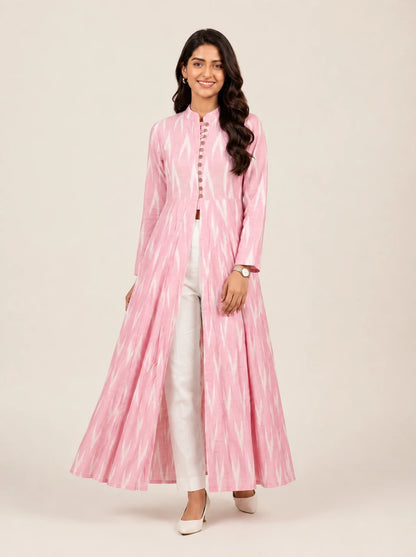 Blush Pink Ikat Print Cotton Open-Front Maxi Dress with Slit – Summer Holiday Collection