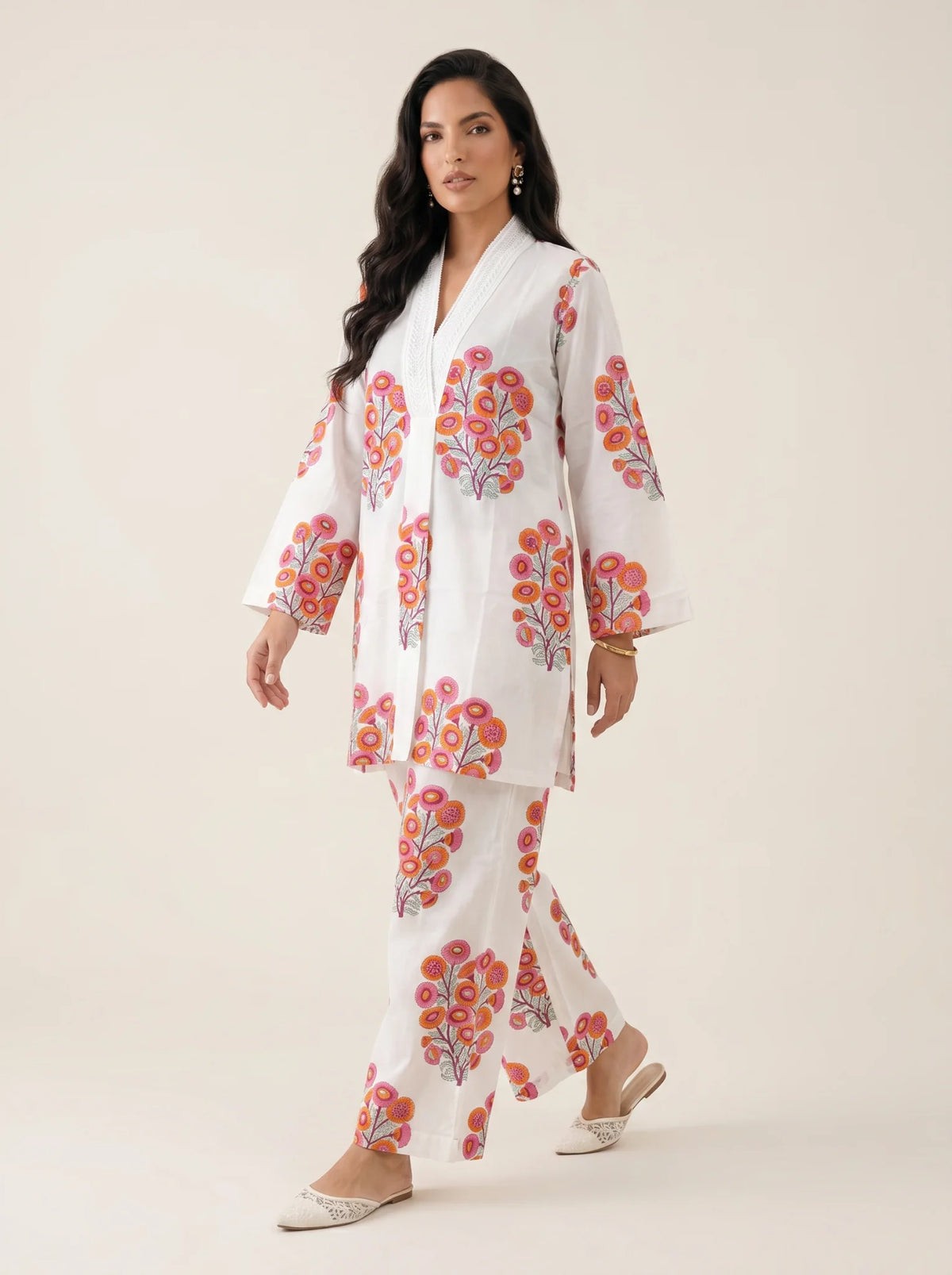 Coral Bloom Hand Block Printed Cotton Co-Ord Set for Women