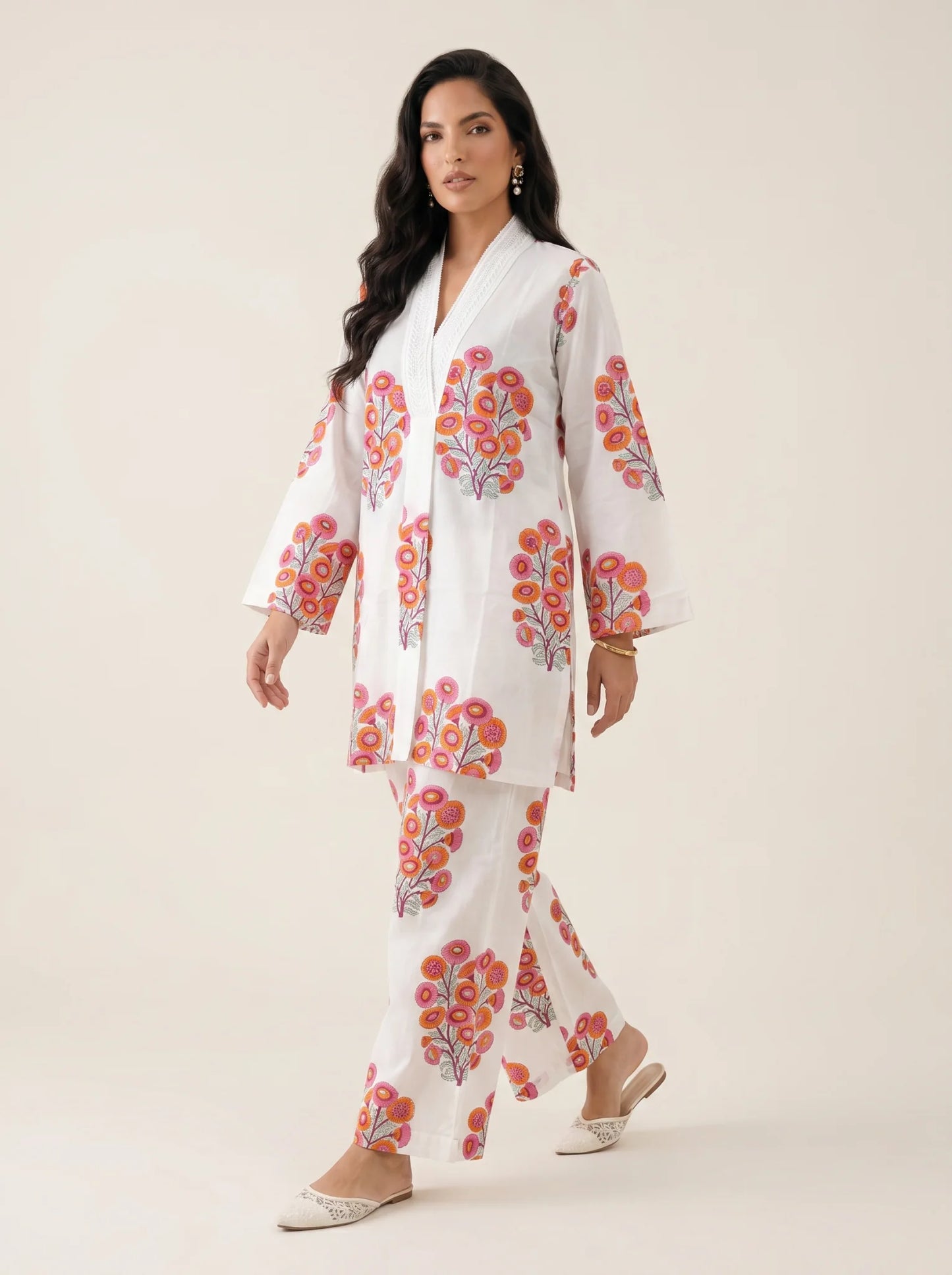 Coral Bloom Hand Block Printed Cotton Co-Ord Set for Women