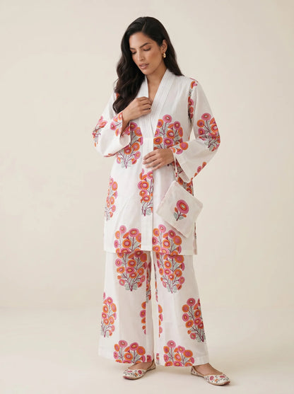 Coral Bloom Hand Block Printed Cotton Co-Ord Set for Women