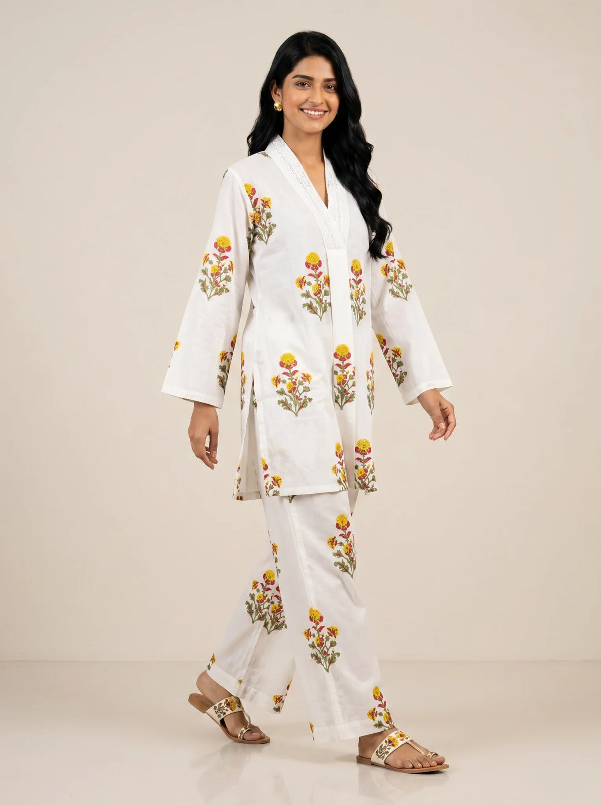 Crimson Bloom Ivory Premium Hand Block Printed Cotton Co-Ord Set