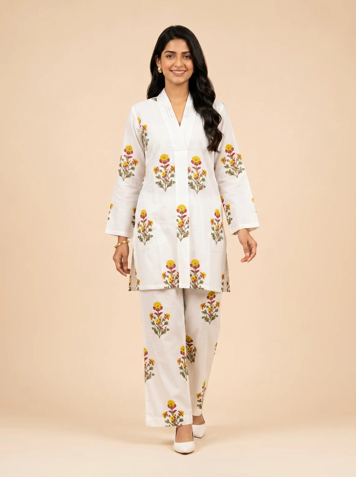 Crimson Bloom Ivory Premium Hand Block Printed Cotton Co-Ord Set