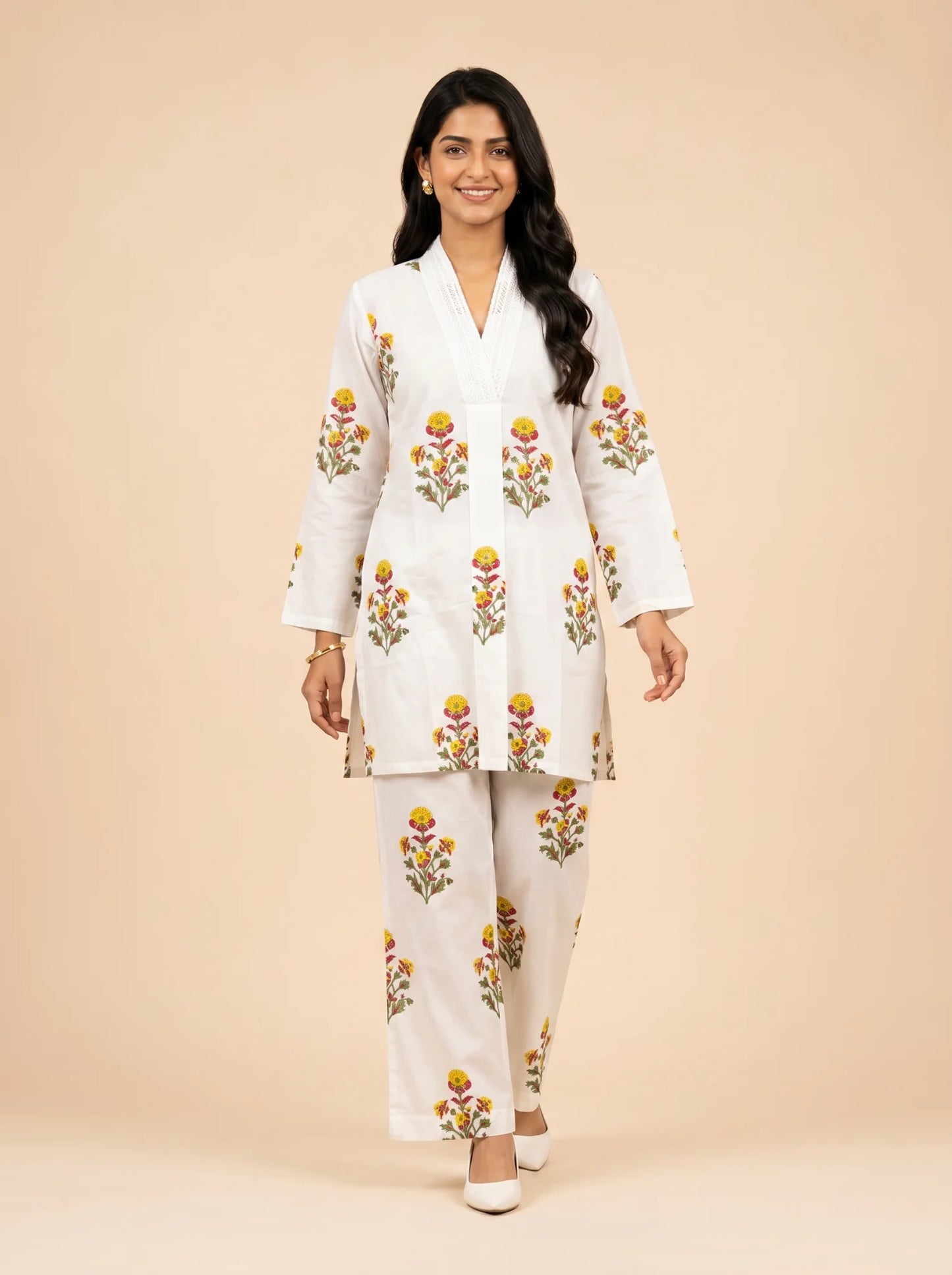 Crimson Bloom Ivory Premium Hand Block Printed Cotton Co-Ord Set