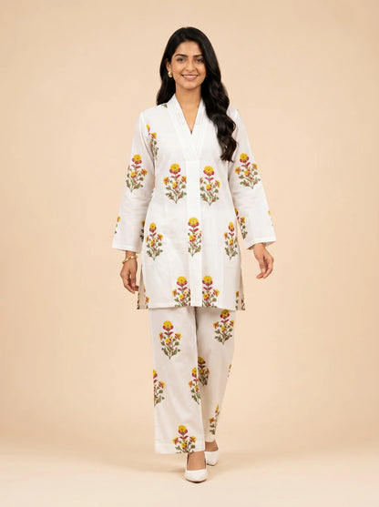 Crimson Bloom Ivory Premium Hand Block Printed Cotton Co-Ord Set
