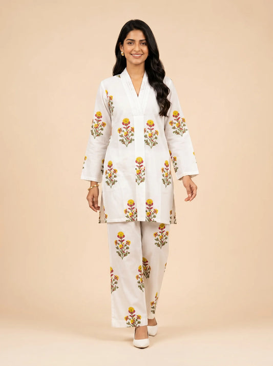 Crimson Bloom Ivory Premium Hand Block Printed Cotton Co-Ord Set