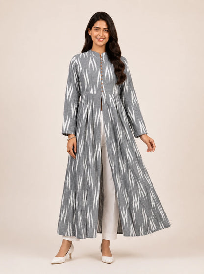 Grey Ikat Print Cotton Front Slit Maxi Dress for Women – Summer Holiday Collection