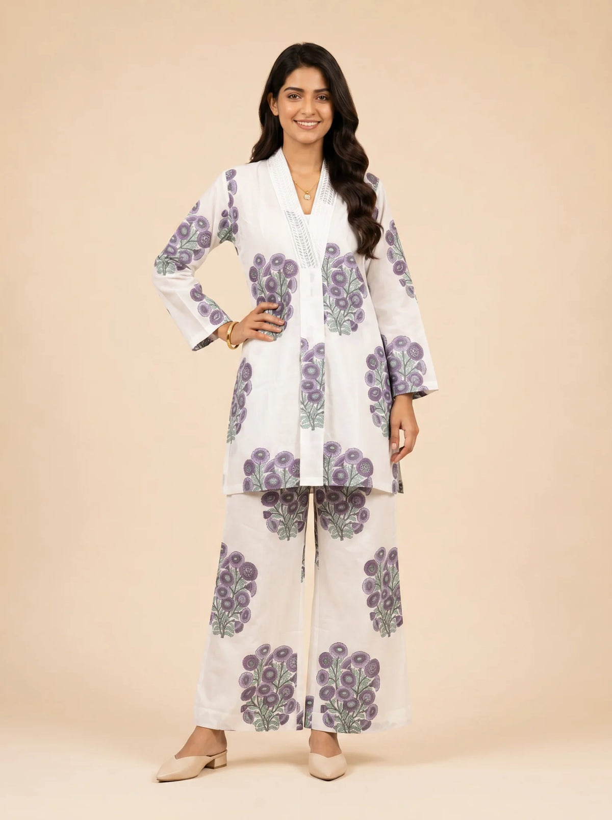 Lavender Bloom White Hand Block Printed Premium Cotton Co-Ord Set
