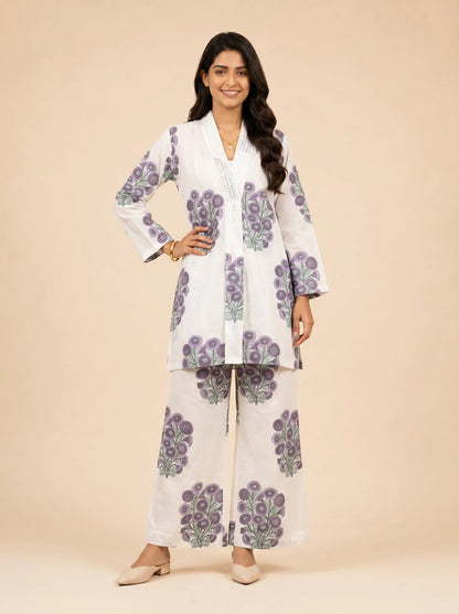 Lavender Bloom White Hand Block Printed Premium Cotton Co-Ord Set
