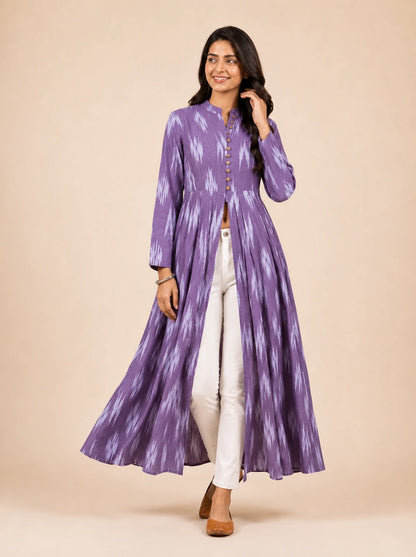 Midnight Violet Ikat Print Cotton Front Slit Maxi Dress for Women – Summer Holiday Collection