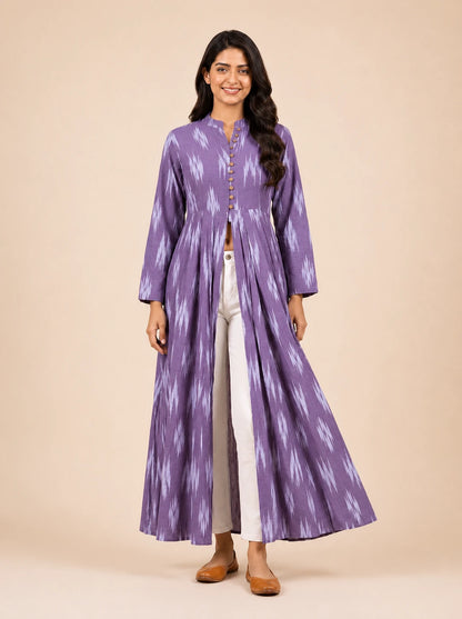 Midnight Violet Ikat Print Cotton Front Slit Maxi Dress for Women – Summer Holiday Collection