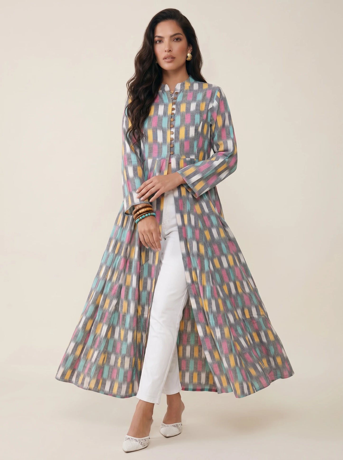 Multicolor Ikat Print Cotton Open-Front Maxi Dress with Slit – Summer Holiday Collection