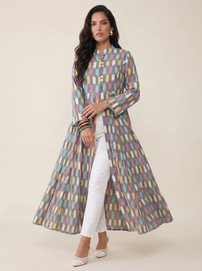 Multicolor Ikat Print Cotton Open-Front Maxi Dress with Slit – Summer Holiday Collection
