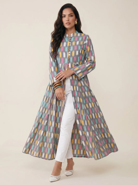 Multicolor Ikat Print Cotton Open-Front Maxi Dress with Slit – Summer Holiday Collection