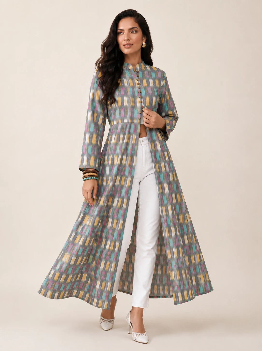 Multicolor Ikat Print Cotton Open-Front Maxi Dress with Slit – Summer Holiday Collection
