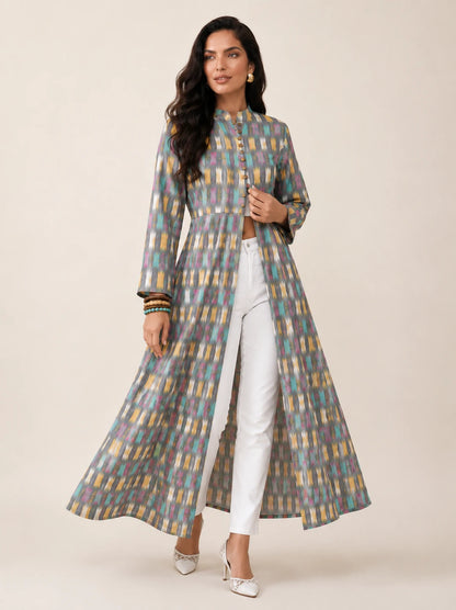 Multicolor Ikat Print Cotton Open-Front Maxi Dress with Slit – Summer Holiday Collection