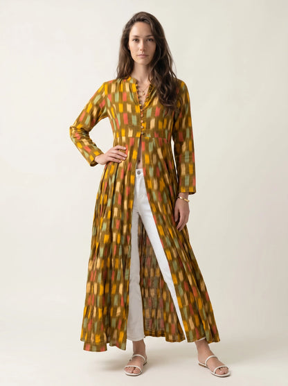 Multicolor Abstract Ikat Print Cotton Open-Front Maxi Dress | Summer Holiday Collection